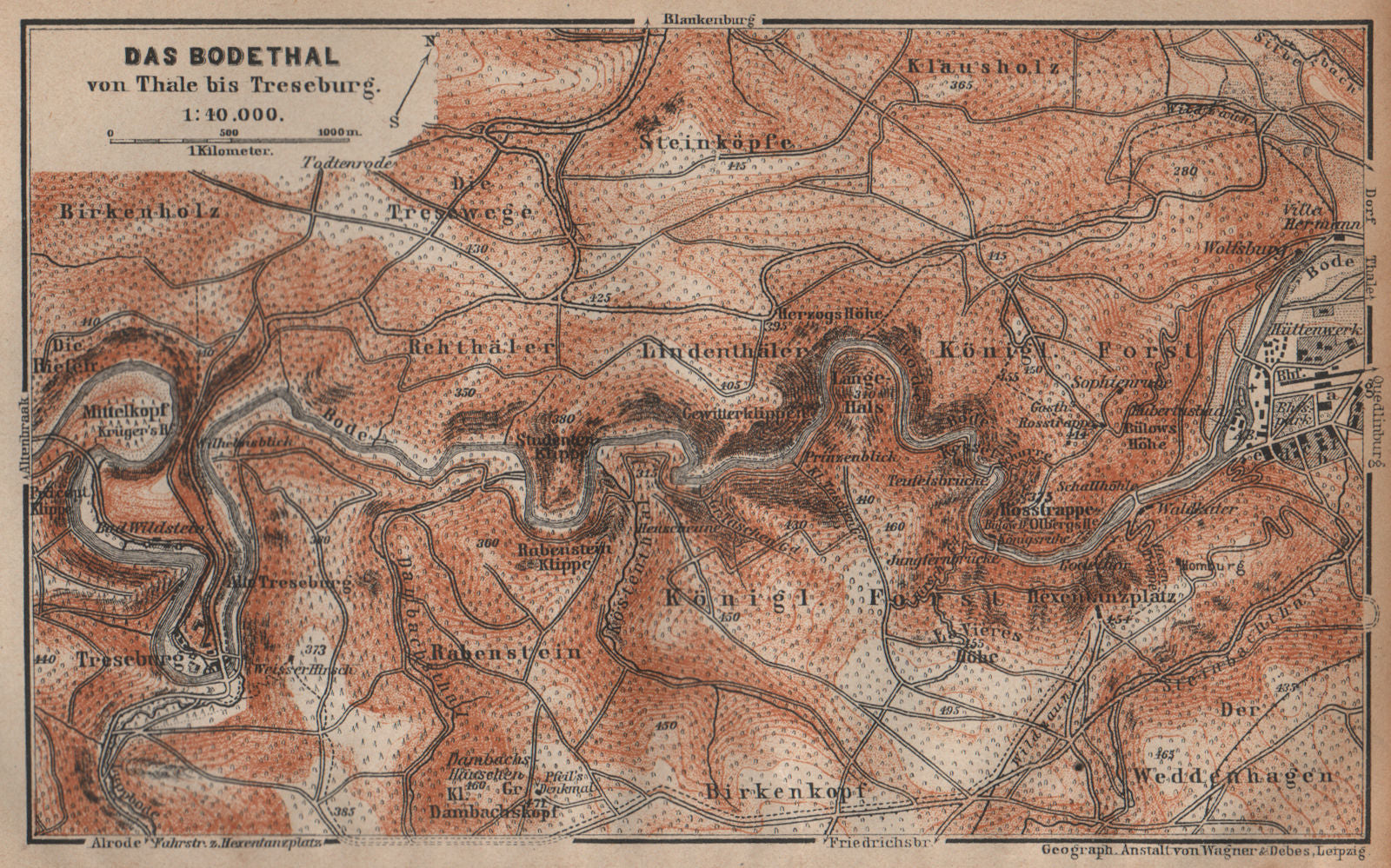 DAS BODETHAL von Thale bis Treseburg. Bode Gorge topo-map. Harz karte 1904